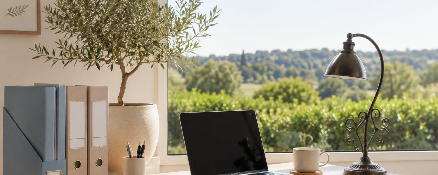 Bureau près d'une fenêtre ouverte sur la campagne girondine : ordinateur portable, classeurs et olivier
