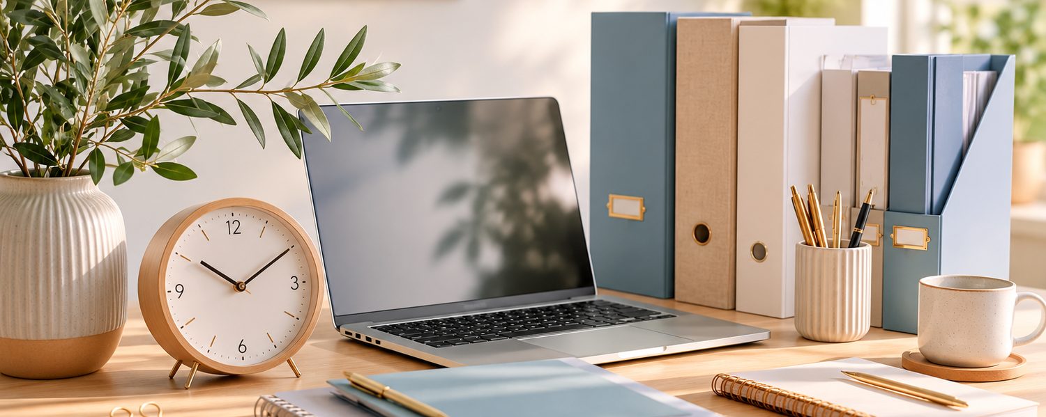 Bureau lumineux : ordinateur portable, classeurs bleus et fournitures administratives
